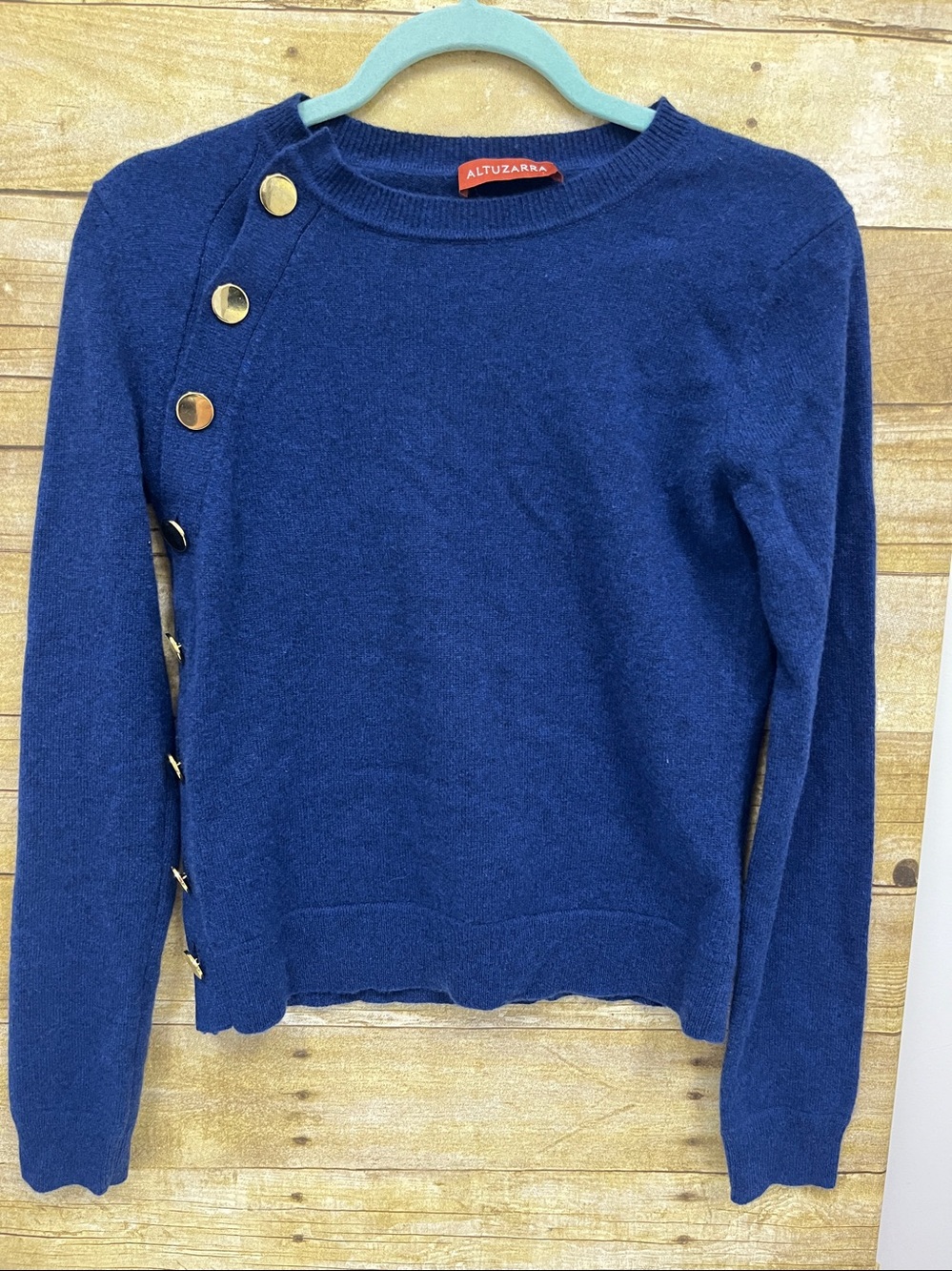 Altuzarra Navy Crewneck Sweater with Gold Button Detail size Small